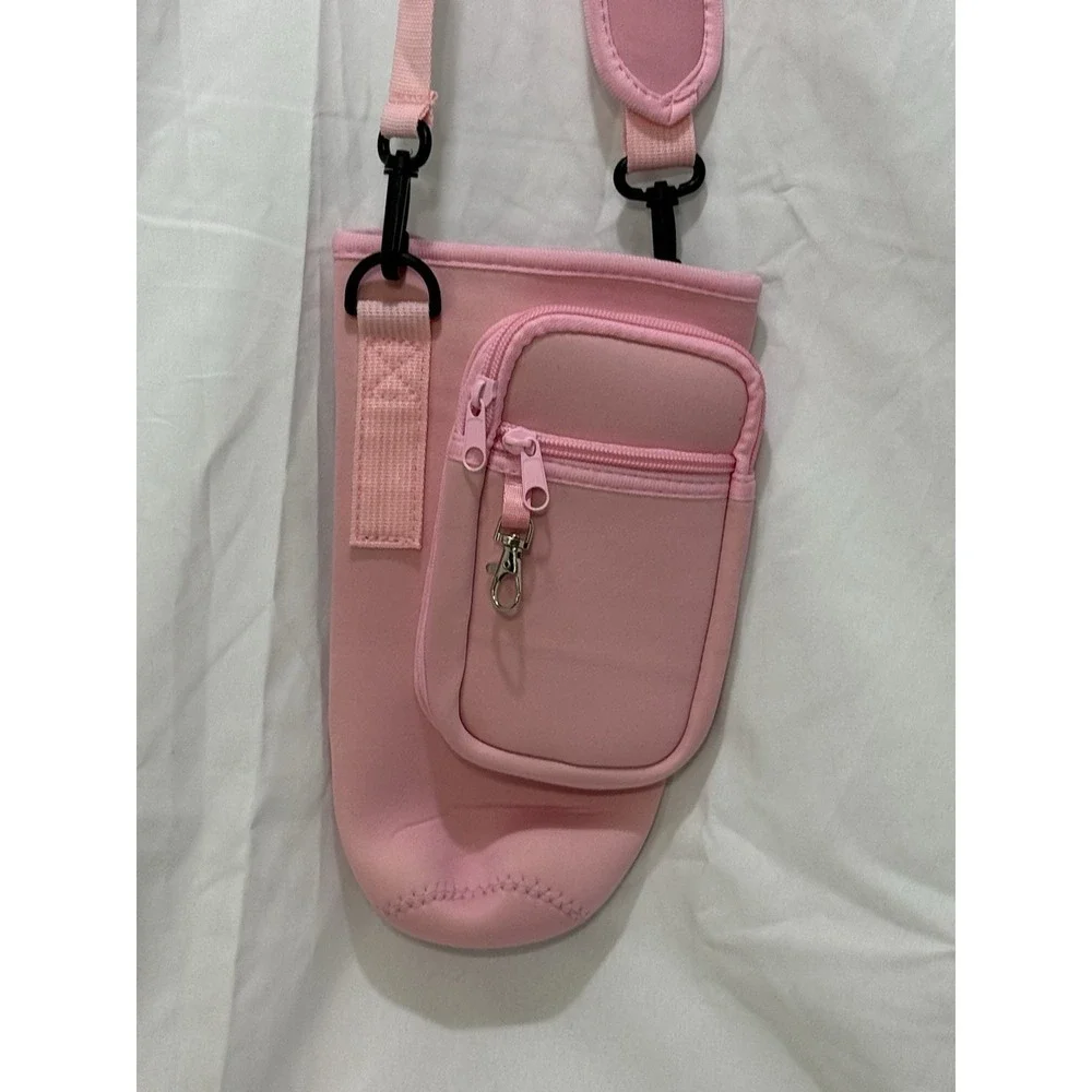 Water Bottle Carry Bag Sleeve Holder with‎ Strap and Phone Pockets & Cards Pink